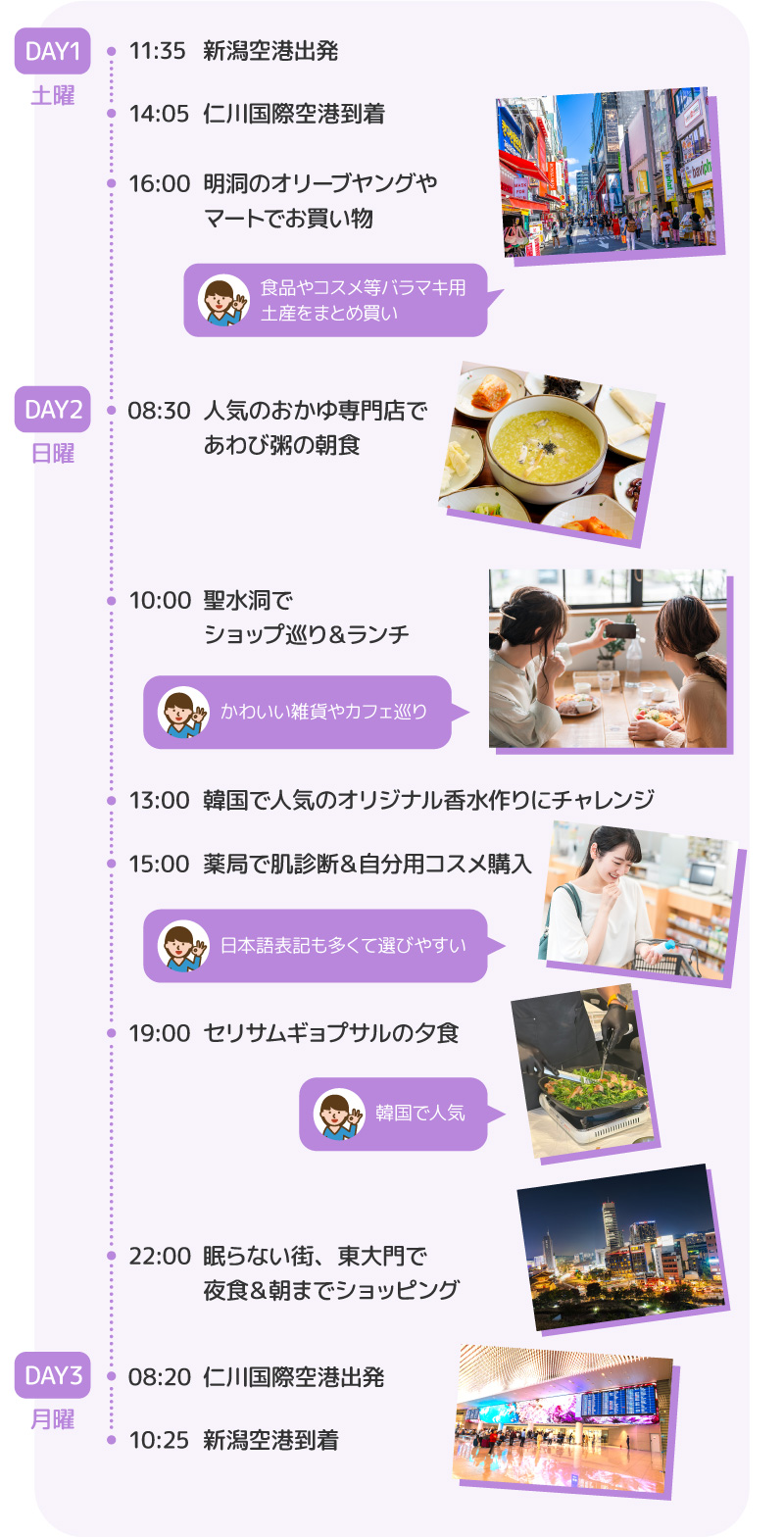 新潟発・韓国仁川への2泊3日の女子旅スケジュールをまとめた旅程
