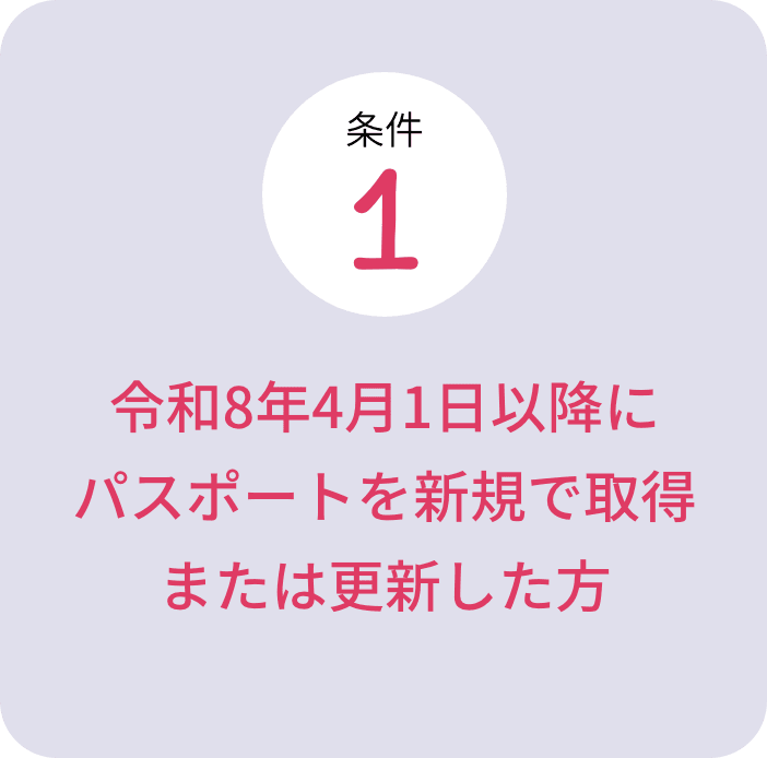 条件1：令和8年4月1日以降にパスポートを新規で取得または更新した方